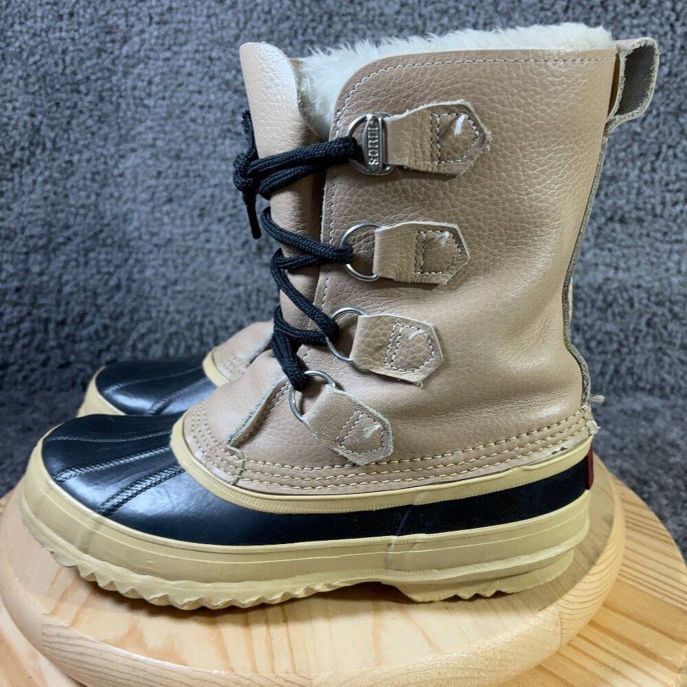 Sorel Manitou Boots Womens Size 7 Beige Leather Waterproof Wool Lined Faux Fur